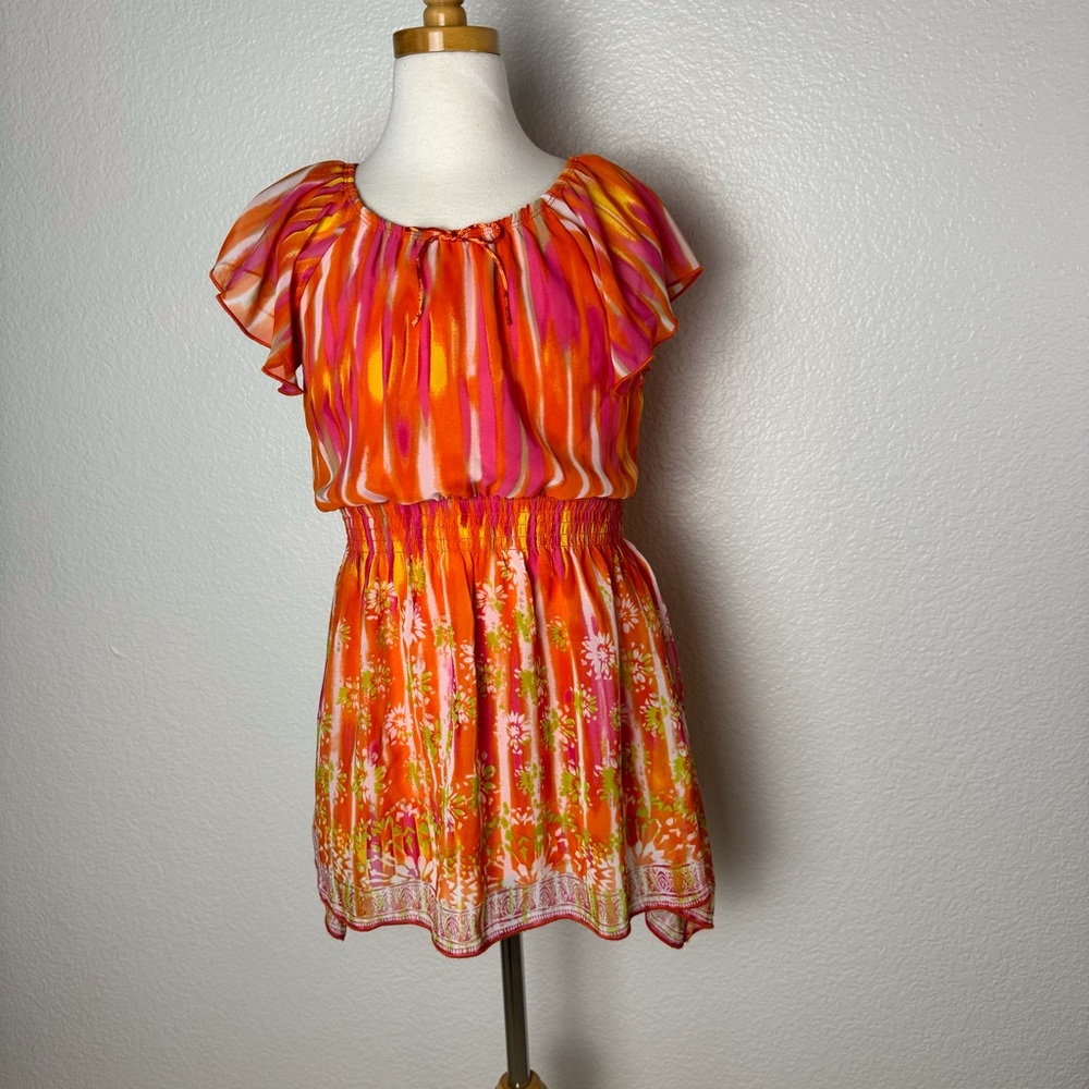GIRLS Sz L (10/12) Tunic top Smocked waist elastic neck Lined Orange Yellow Pink
